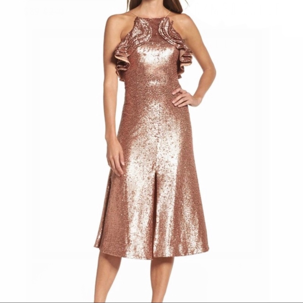 NEW C/MEO COLLECTIVE SEQUIN RUFFLE MIDI DRESS - Picture 1 of 9